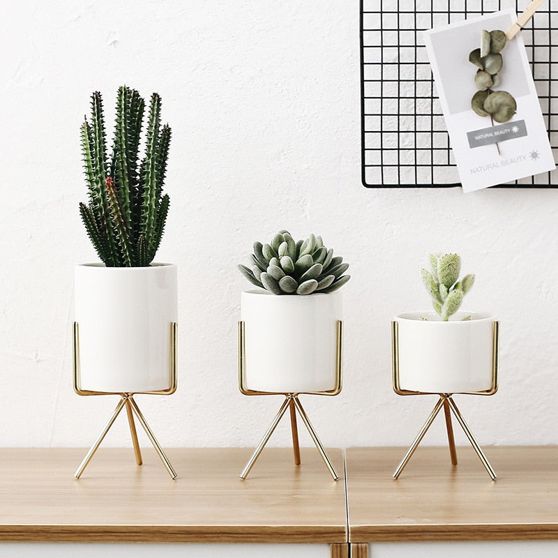 Nordic Ceramic Pots with Metallic Shelves (Set of 3)