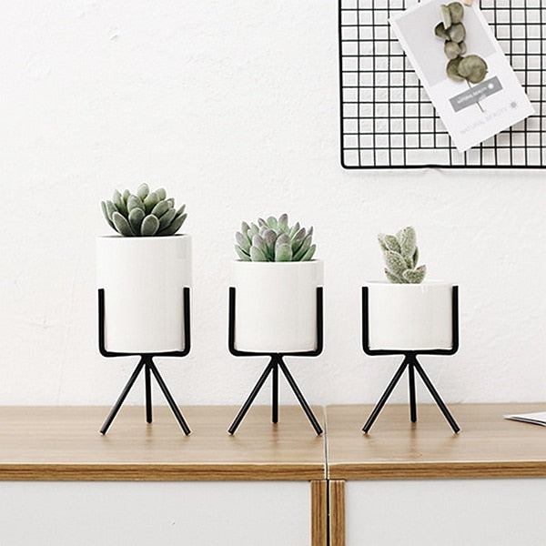 Nordic Ceramic Pots with Metallic Shelves (Set of 3)