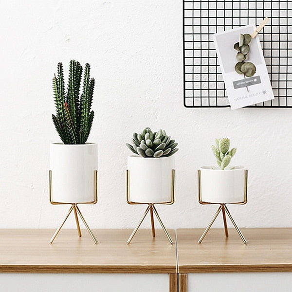 Nordic Ceramic Pots with Metallic Shelves (Set of 3)