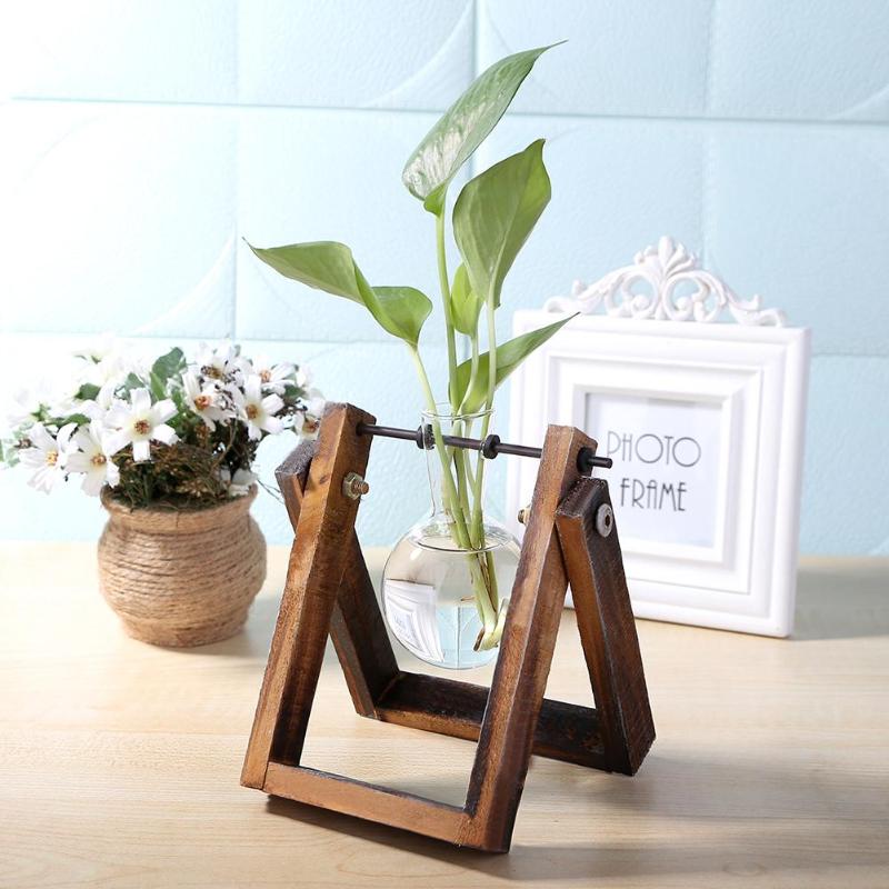 Hydroponic Glass Vase with Wooden Stand