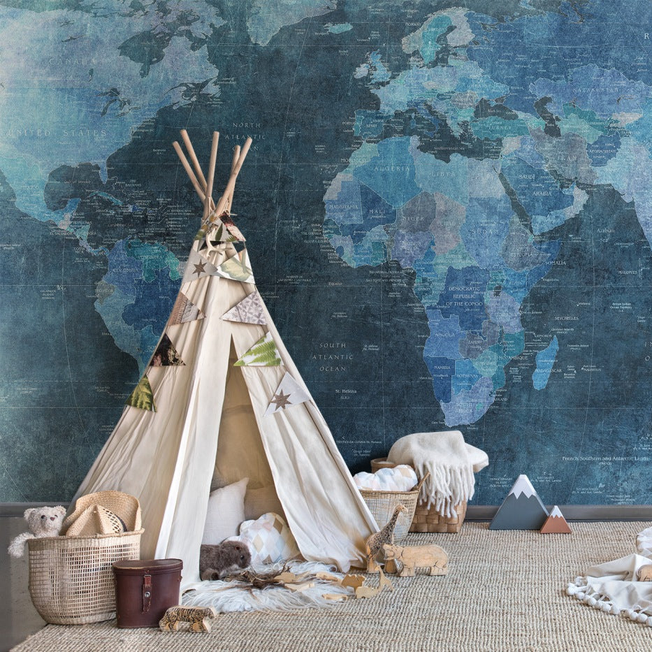 World Map Vintage Blue Mural Wallpaper (SqM)