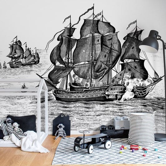 Pirates Adventure B&W Mural Wallpaper (SqM)