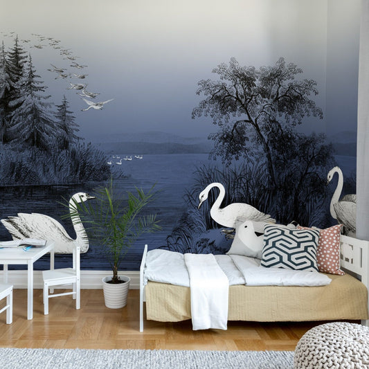 Swan Lake Midnight Blue Mural Wallpaper (SqM)
