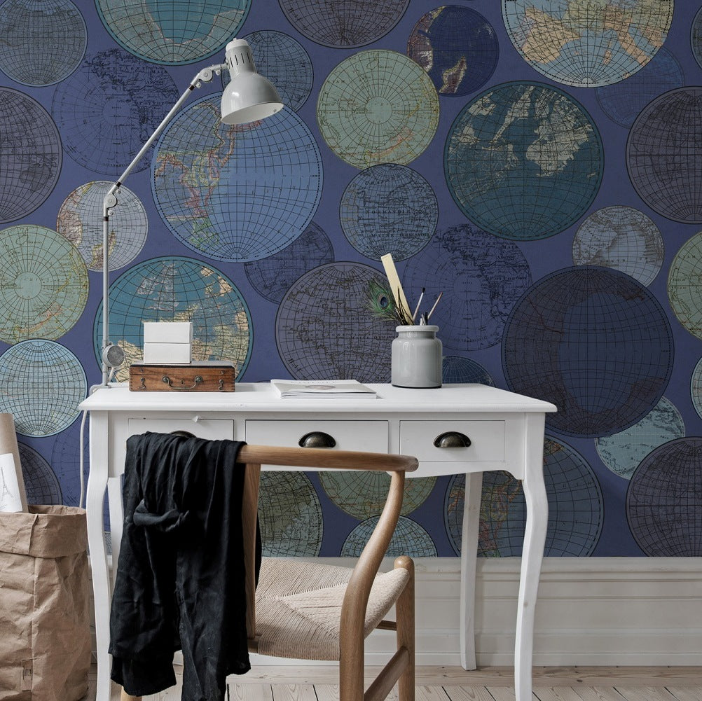 Globes Gathering Blue Mural Wallpaper (SqM)