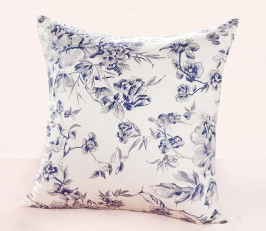 Blue Flora Natural Silk Cushion Cover