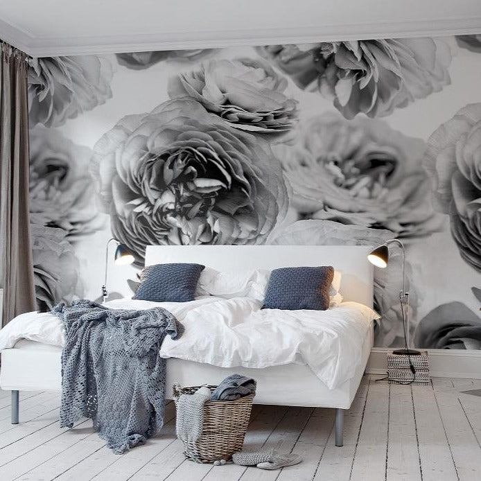 Summer Wind Roses Black & White Mural Wallpaper (SqM)