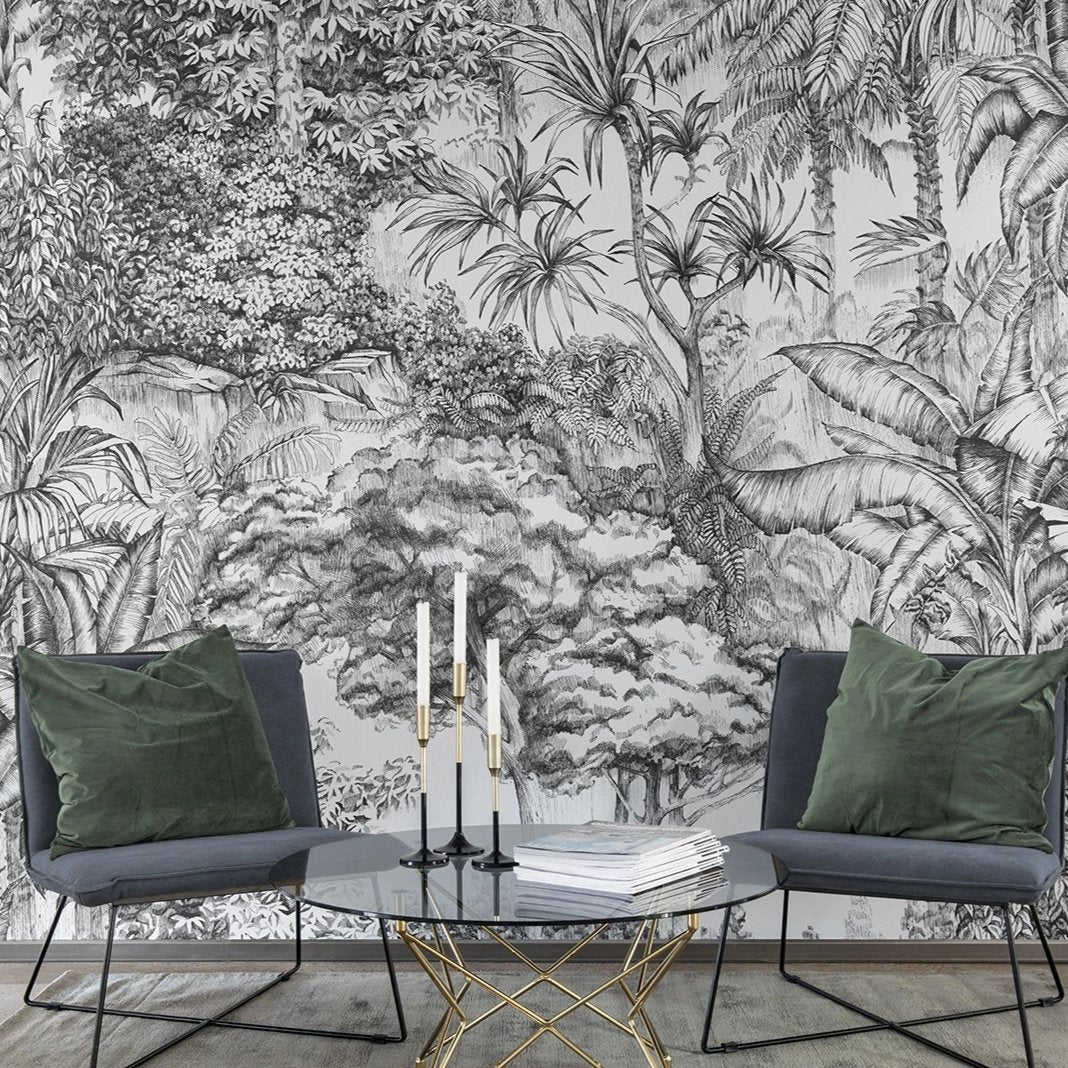Tropical Jungle in Grey Mural Wallpaper (SqM)