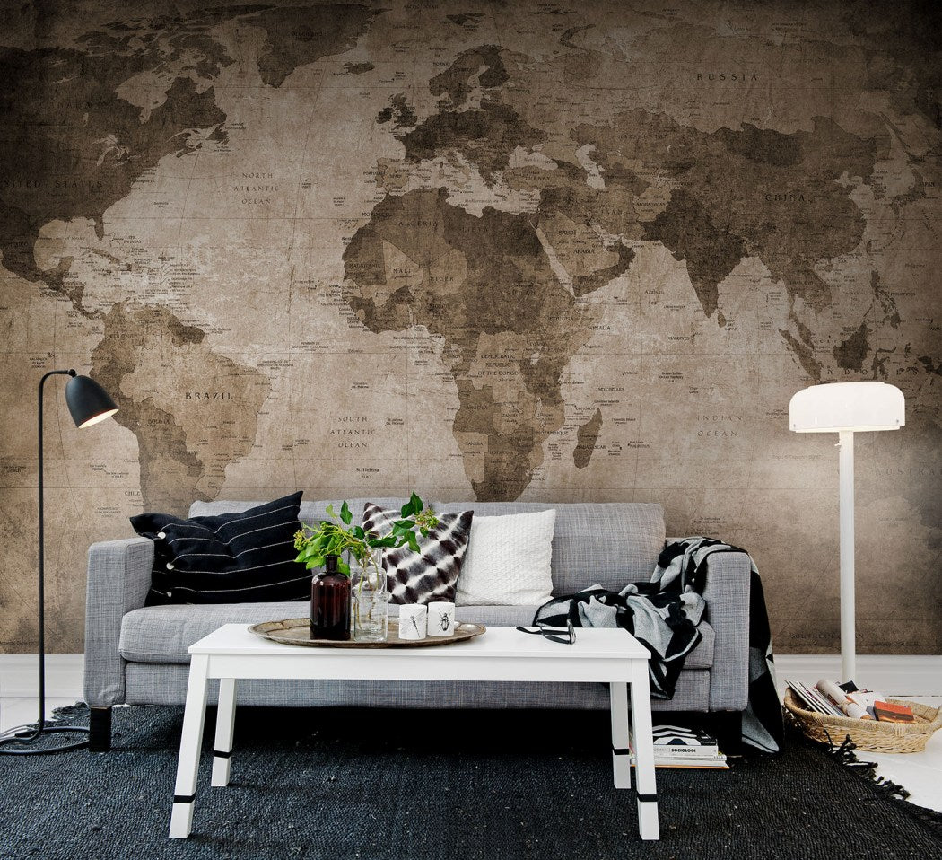 World Map Sepia Brown Mural Wallpaper (SqM)