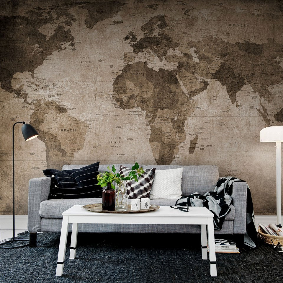 World Map Sepia Brown Mural Wallpaper (SqM)