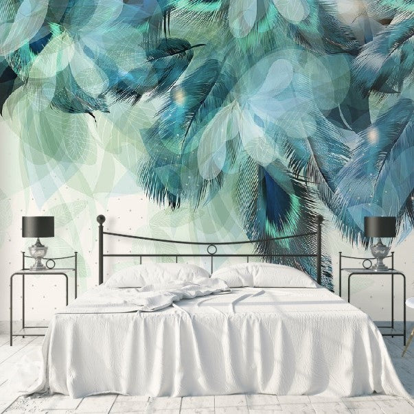 Teal Feathers Mural Wallpaper(SqM)