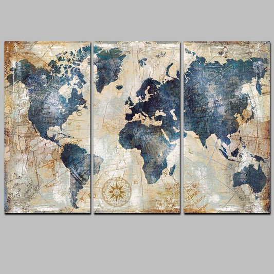 3 Panel Blue World Map Painting Posters